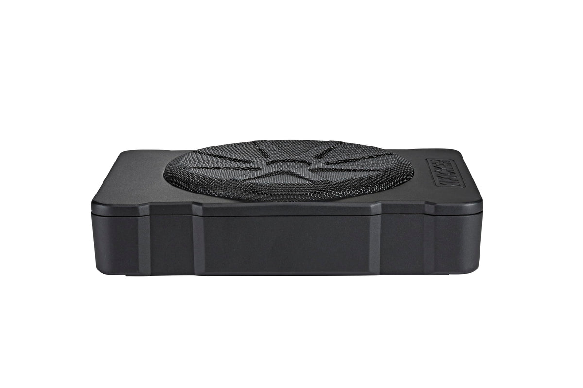 KICKER HS10 woofer driver close-up highlighting deep bass potential.