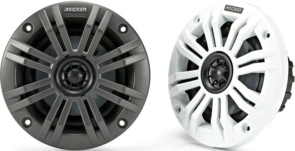 KICKER KM4 front view shows rugged marine speakers for salty sea adventures.