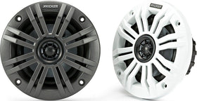 KICKER KM4 front view shows rugged marine speakers for salty sea adventures.