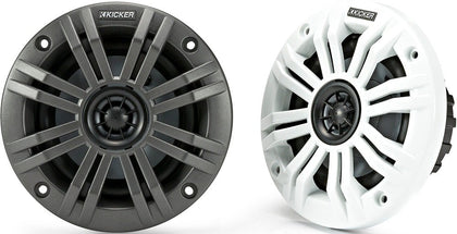 KICKER KM4 front view shows rugged marine speakers for salty sea adventures.