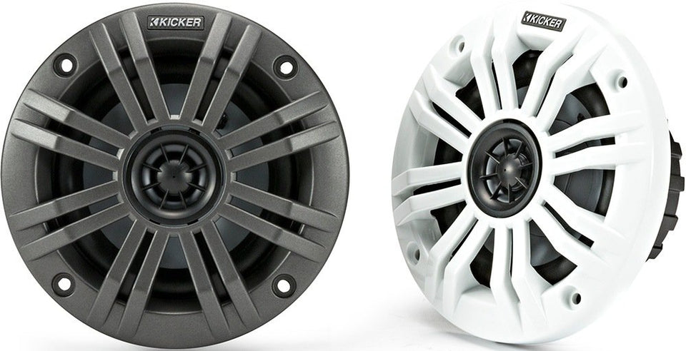 KICKER KM4 front view shows rugged marine speakers for salty sea adventures.
