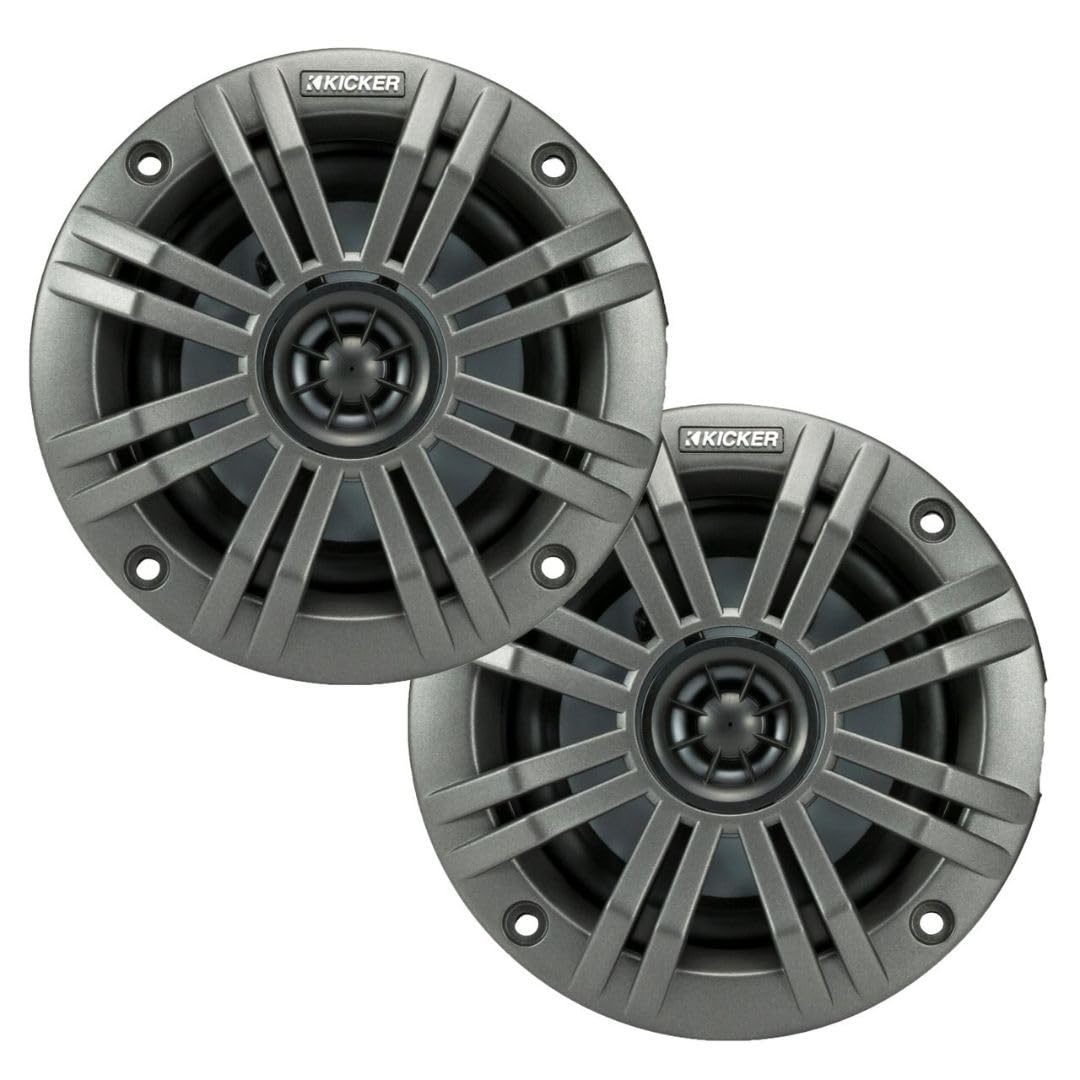 KICKER KM4 marine speaker with charcoal grille for durable outdoor sound.