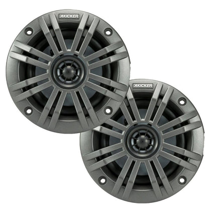 KICKER KM4 marine speaker with charcoal grille for durable outdoor sound.