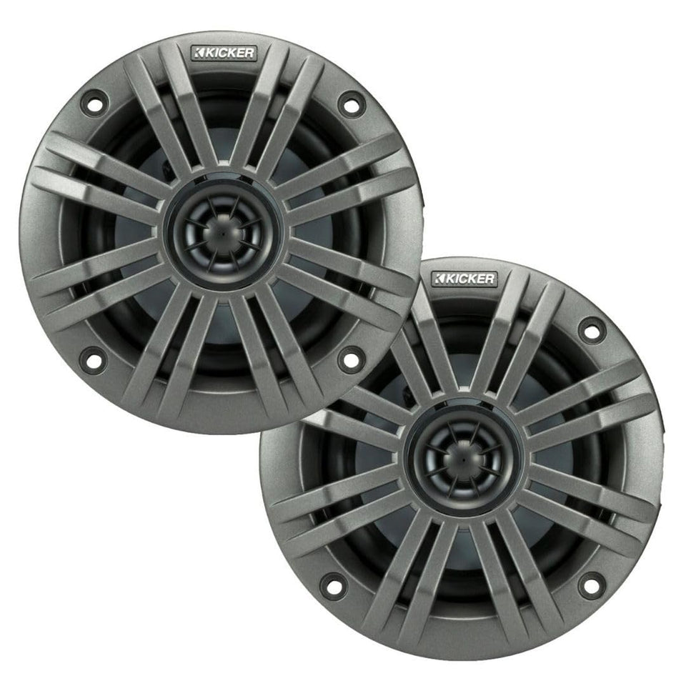 KICKER KM4 marine speaker with charcoal grille for durable outdoor sound.