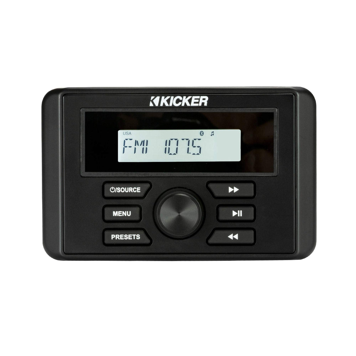 KICKER KMC3 gauge-style media center installed on boat dash for quick Bluetooth streaming.