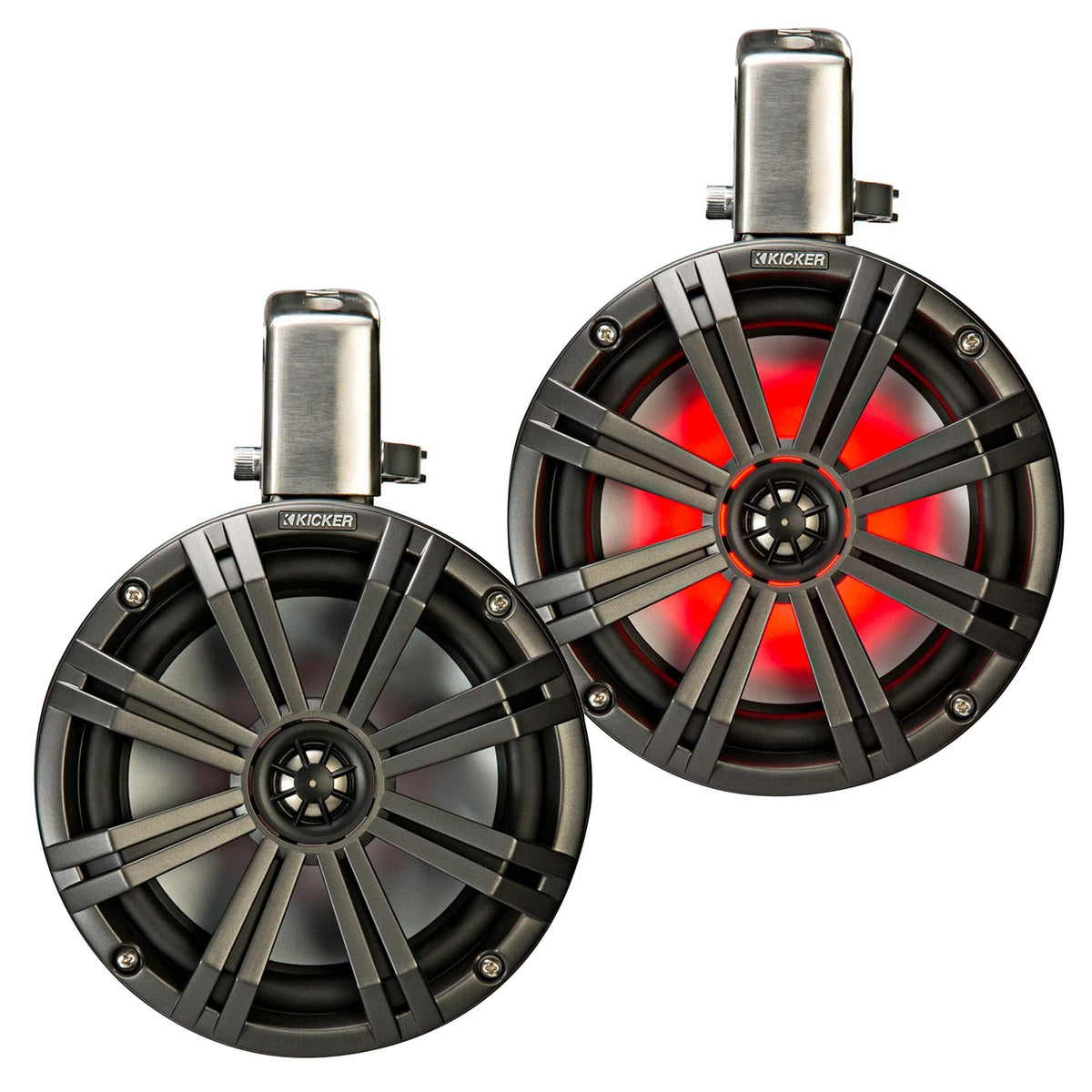 KICKER KMTC8 wake tower enclosures with 359° clamp for flexible boat-friendly mounting.