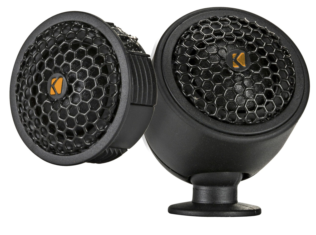 KICKER KST2504 silk-dome tweeter close-up showing smooth high frequencies.