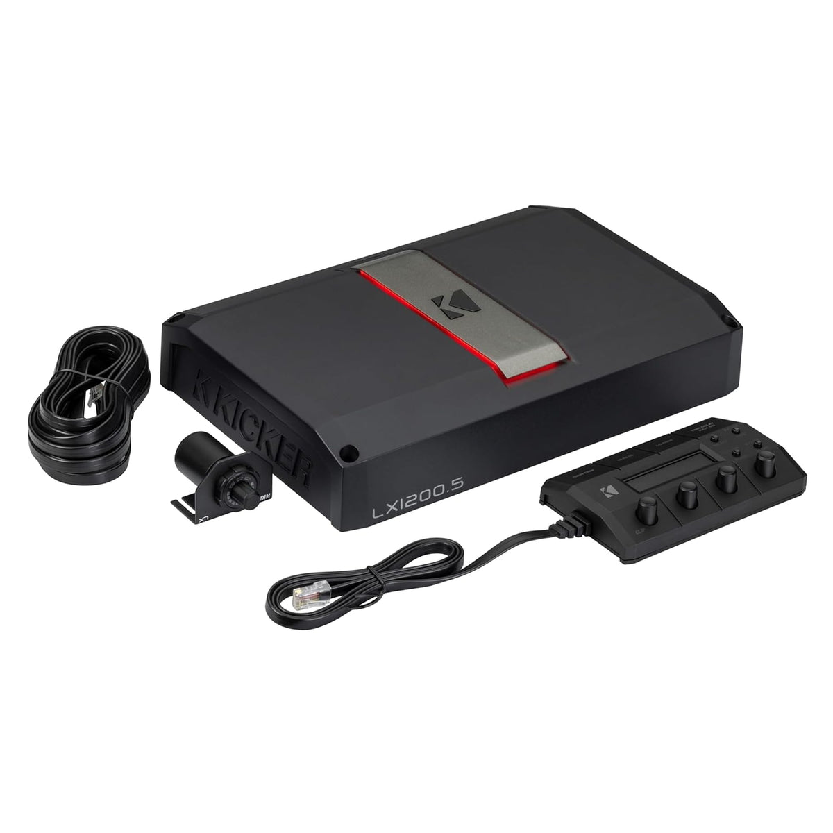 KICKER LX1200.5 main amplifier front view showing robust build for car audio