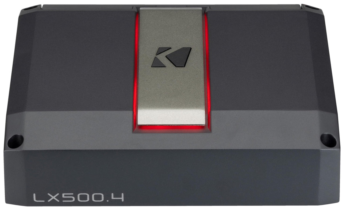KICKER LX500.4 full amplifier on display, compact chassis for flexible car audio installation.