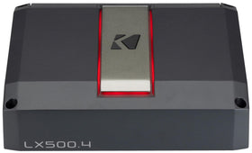 KICKER LX500.4 full amplifier on display, compact chassis for flexible car audio installation.