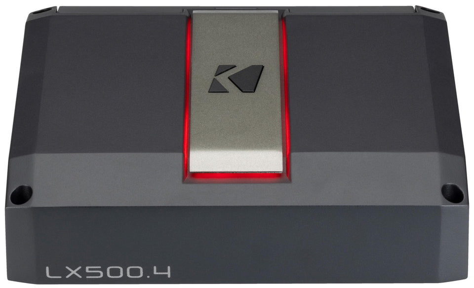 KICKER LX500.4 full amplifier on display, compact chassis for flexible car audio installation.