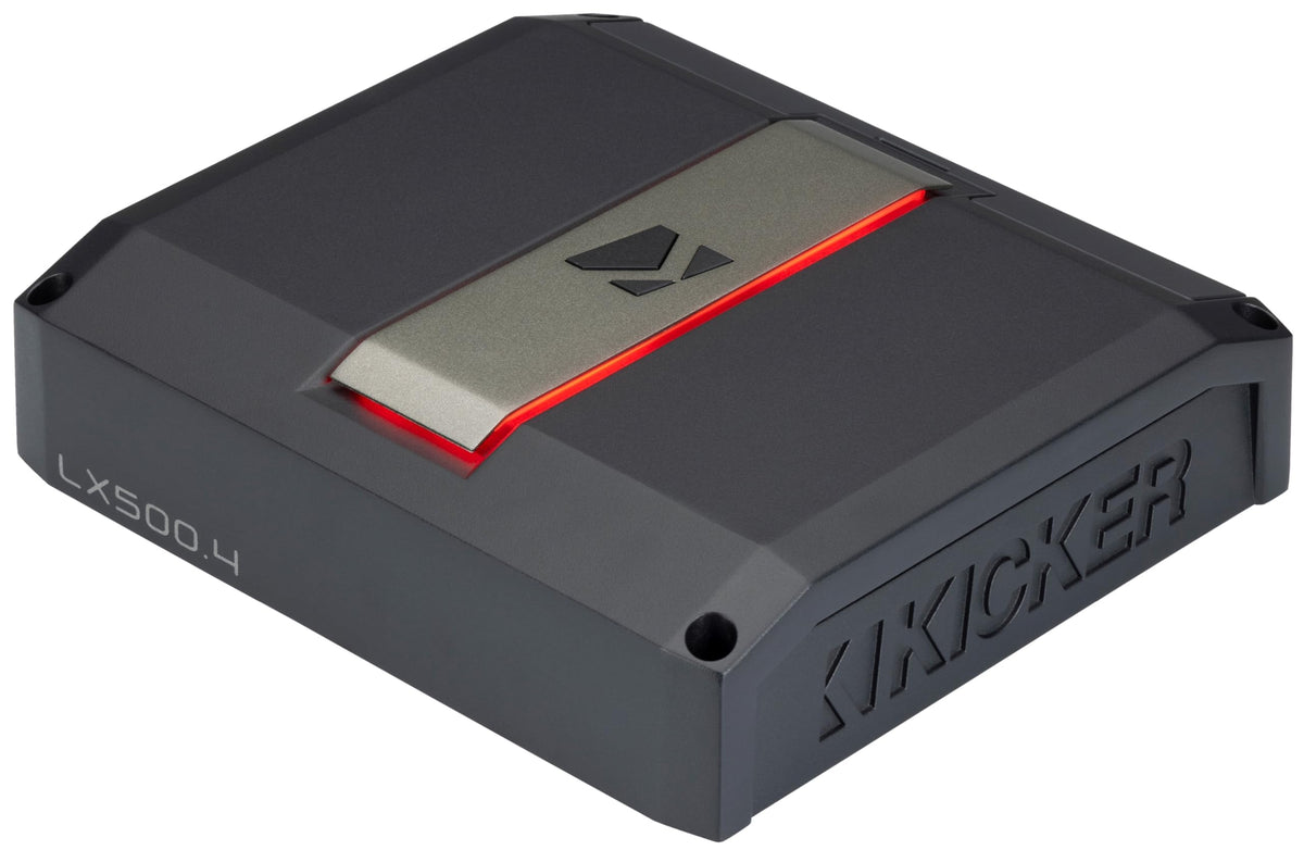 KICKER LX500.4 LXCC interface showing real-time monitoring for precise tuning.