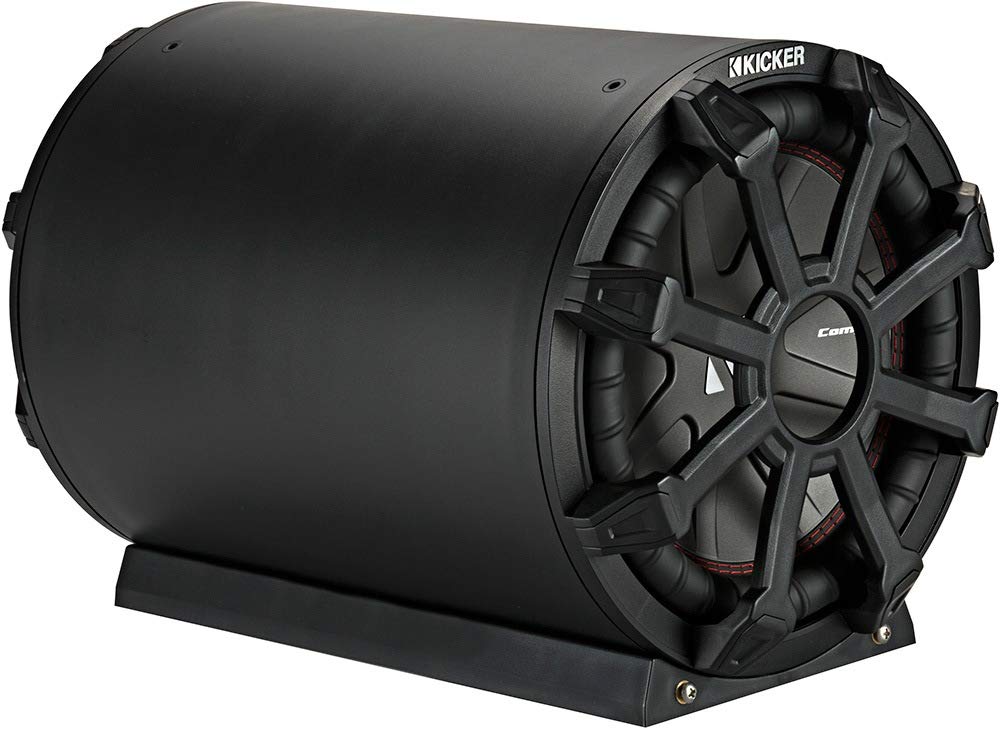 KICKER TB10 active CompR woofer inside delivers controlled low-end and loud output.