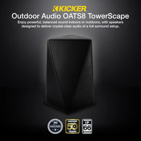 KICKER Towerscape durable exterior shell withstands outdoor exposure.