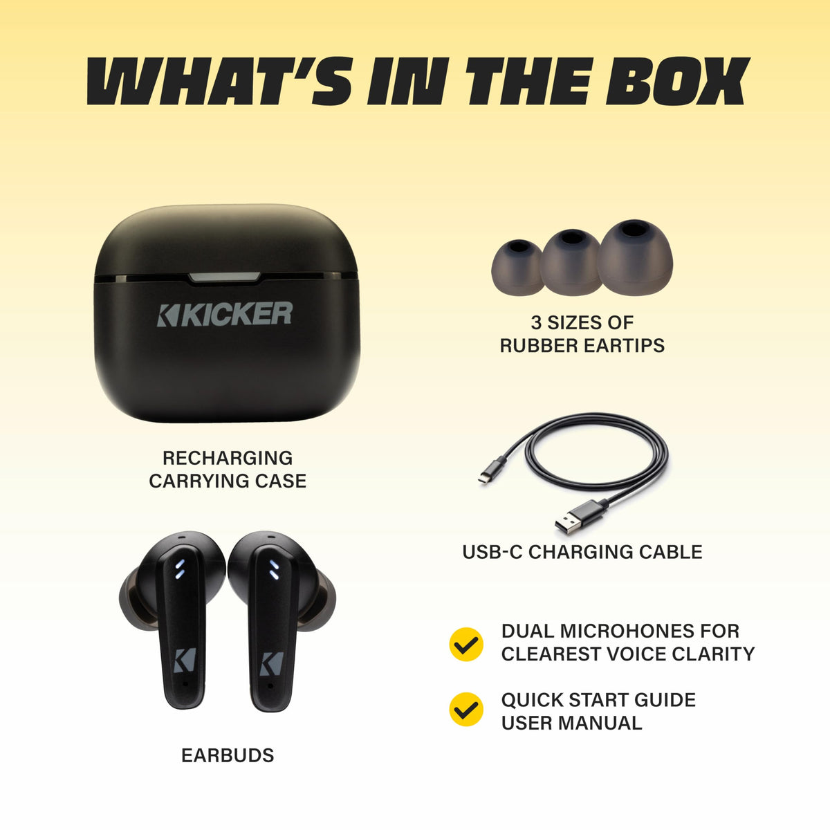 KICKER TW3 charging case shows on-the-go power to extend listening time.