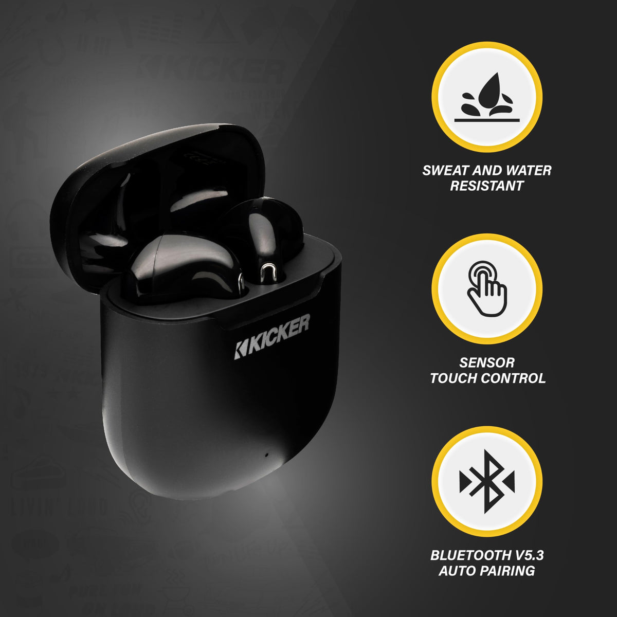 KICKER TWS1 sensor touch controls for easy volume and track changes.
