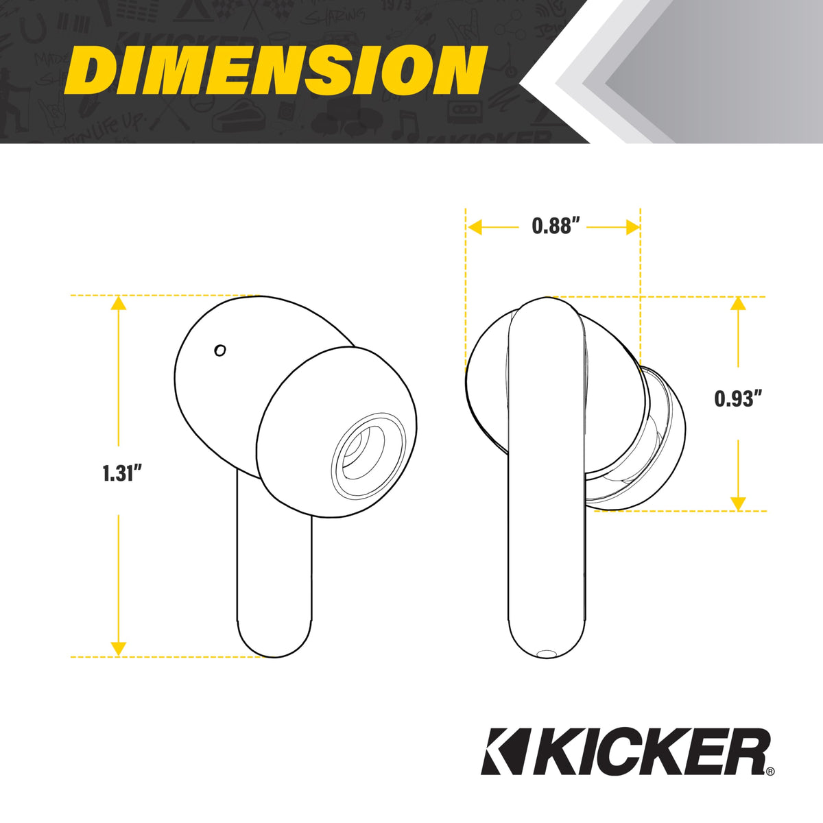 KICKER earbud close-up revealing 10mm driver detail for fuller sound performance