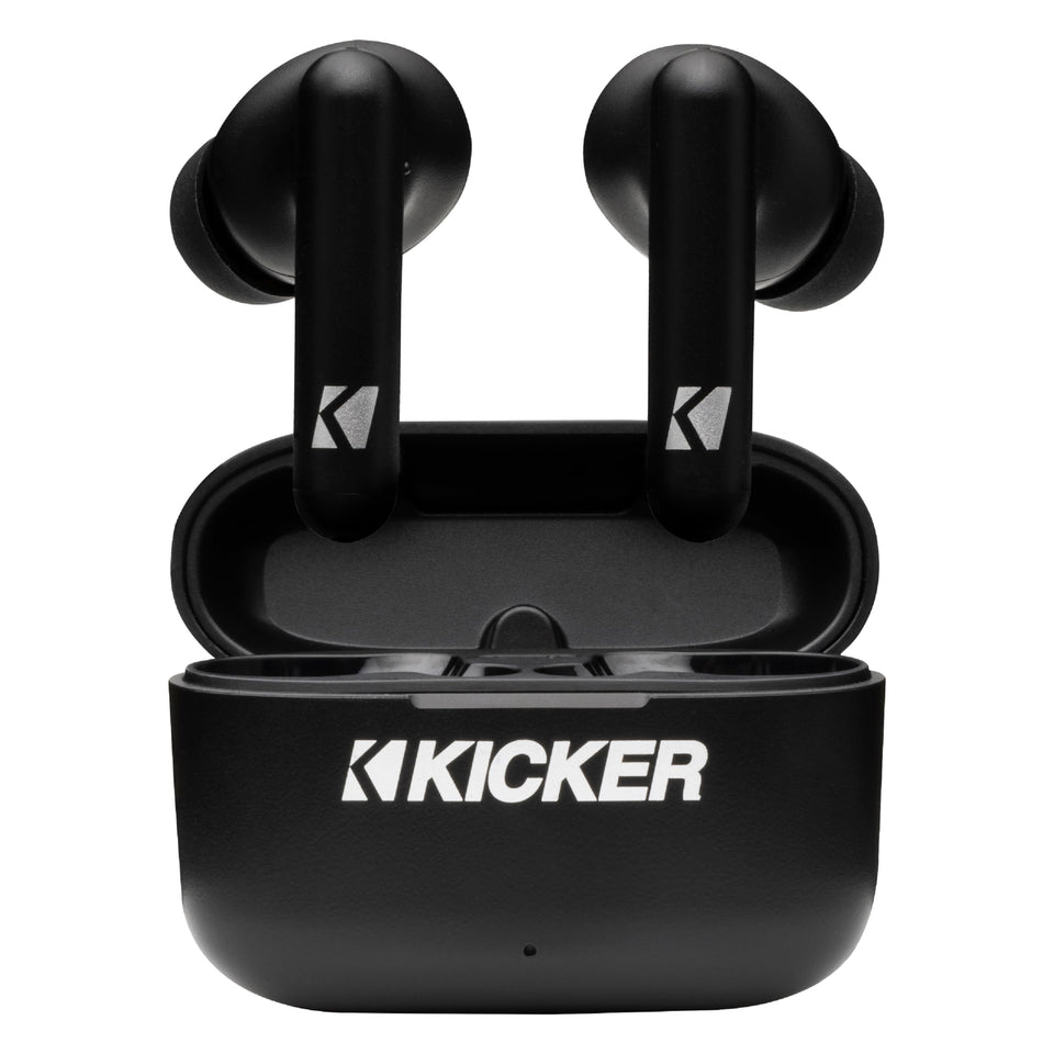 KICKER front packaging showing earbuds and case for quick product recognition and confidence