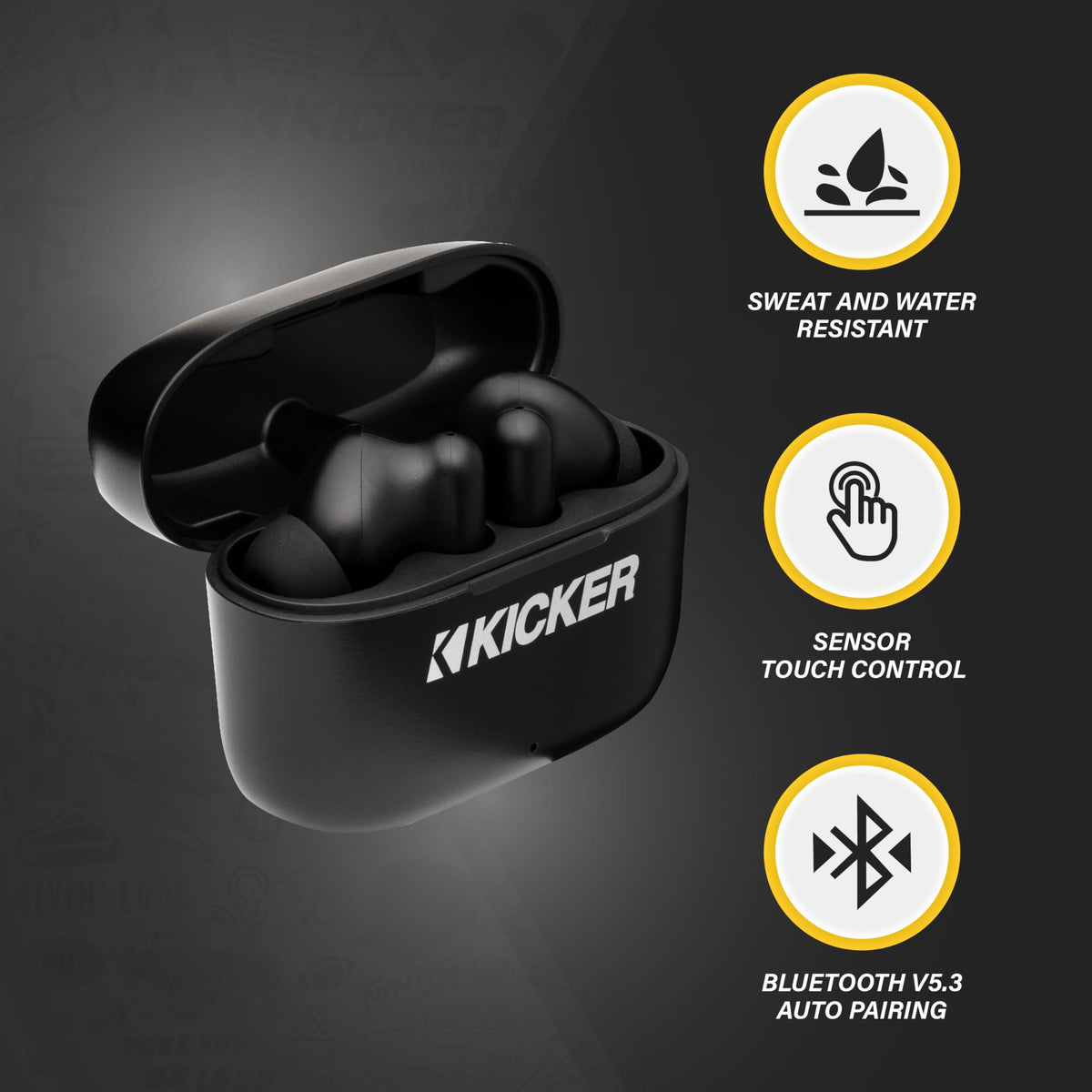 KICKER earbud worn during run showing sweat resistance and secure fit for workouts