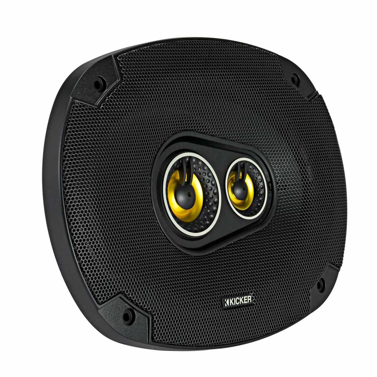 KICKER zero-protrusion tweeters mounted flush for seamless grills.