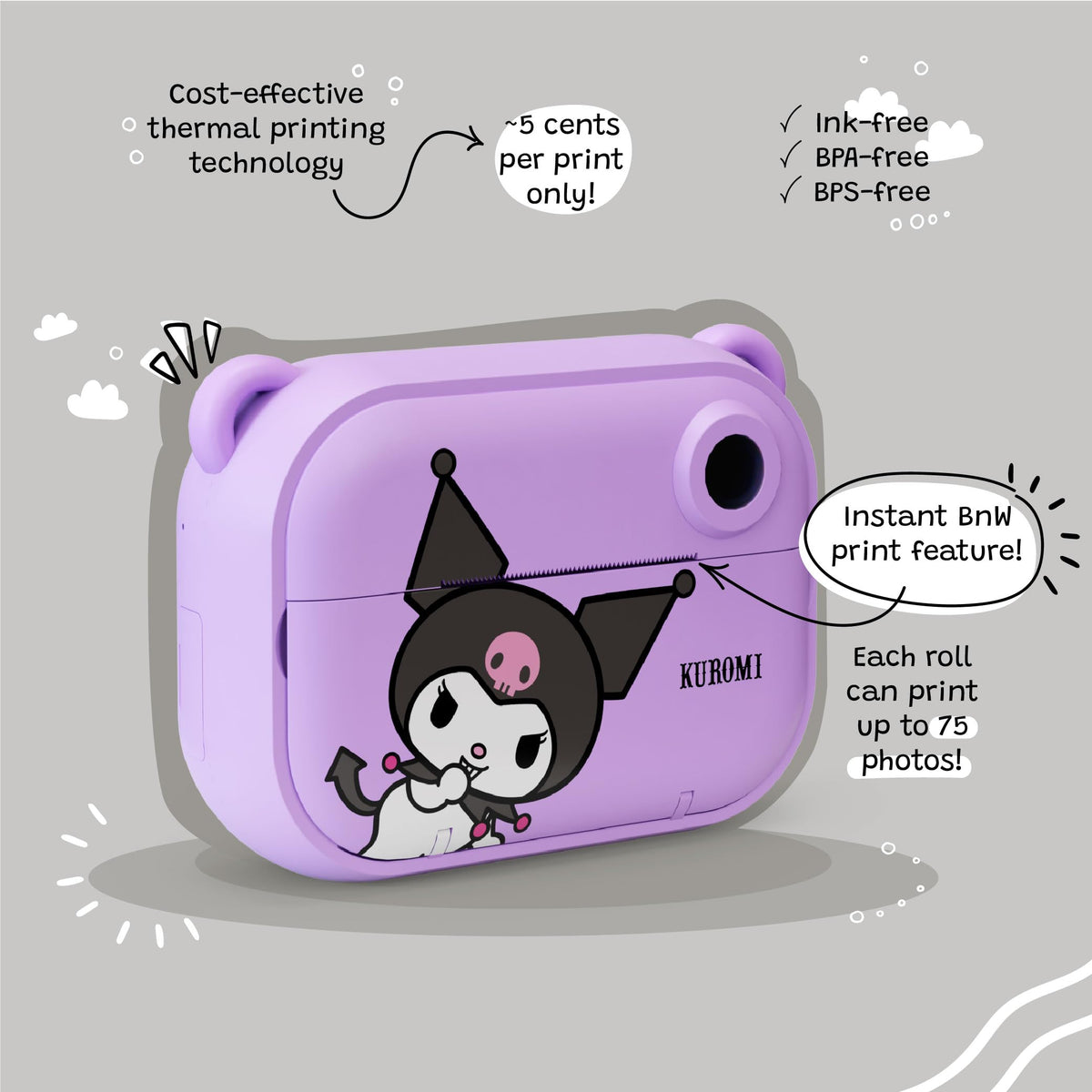 Kidamento Kuromi camera back screen and controls for easy playback and review.