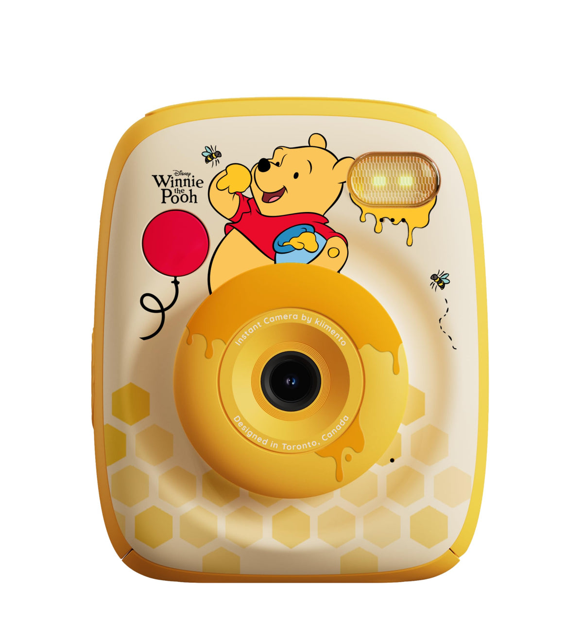 Kidamento Winnie the Pooh camera front view highlighting instant print capability