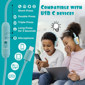 Kidrox Dino headphones built-in microphone enables hands-free calls and classroom use.