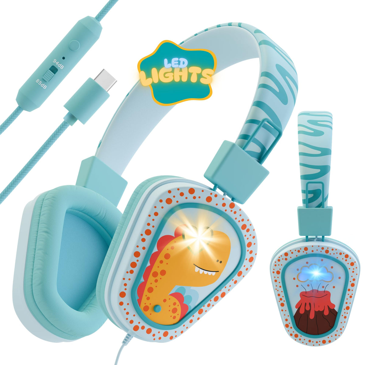 Kidrox Dino headphones with soft ear cups for all-day comfort during learning.