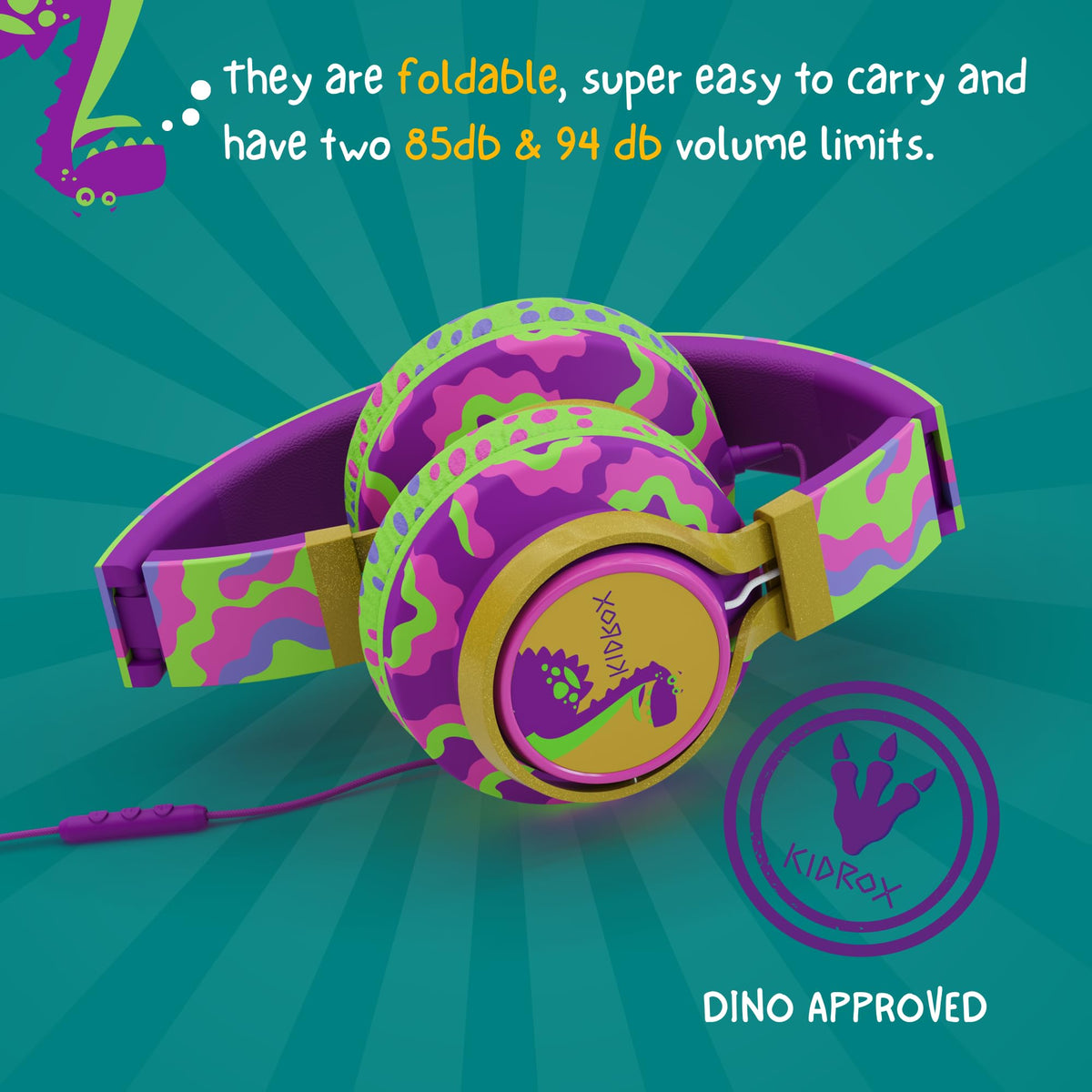 Kidrox Dinosaur Headphones adjustable headband provide secure fit for kids of different ages.
