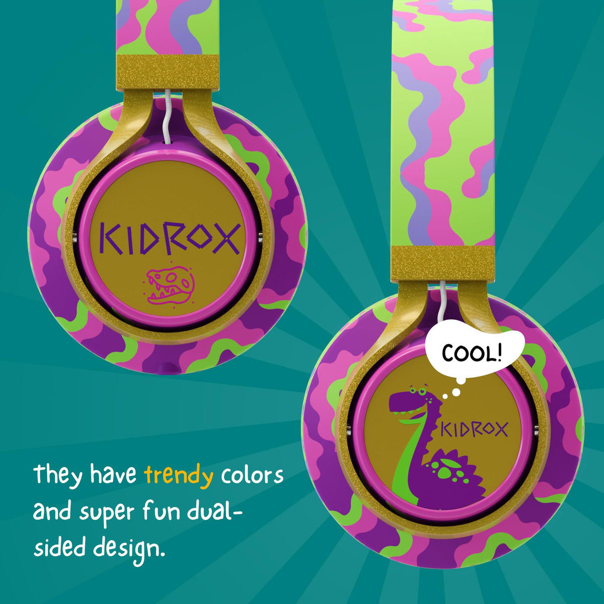 Kidrox Dinosaur Headphones volume limit 94dB option supports louder playback when appropriate.