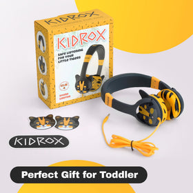 Kidrox headphones plugged into tablet for easy, reliable wired playback