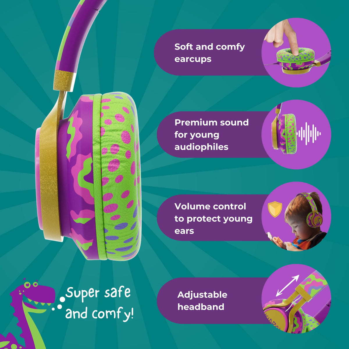 Kidrox Spikey Dino Headphones built-in microphone enable hands-free calls and classroom collaboration.