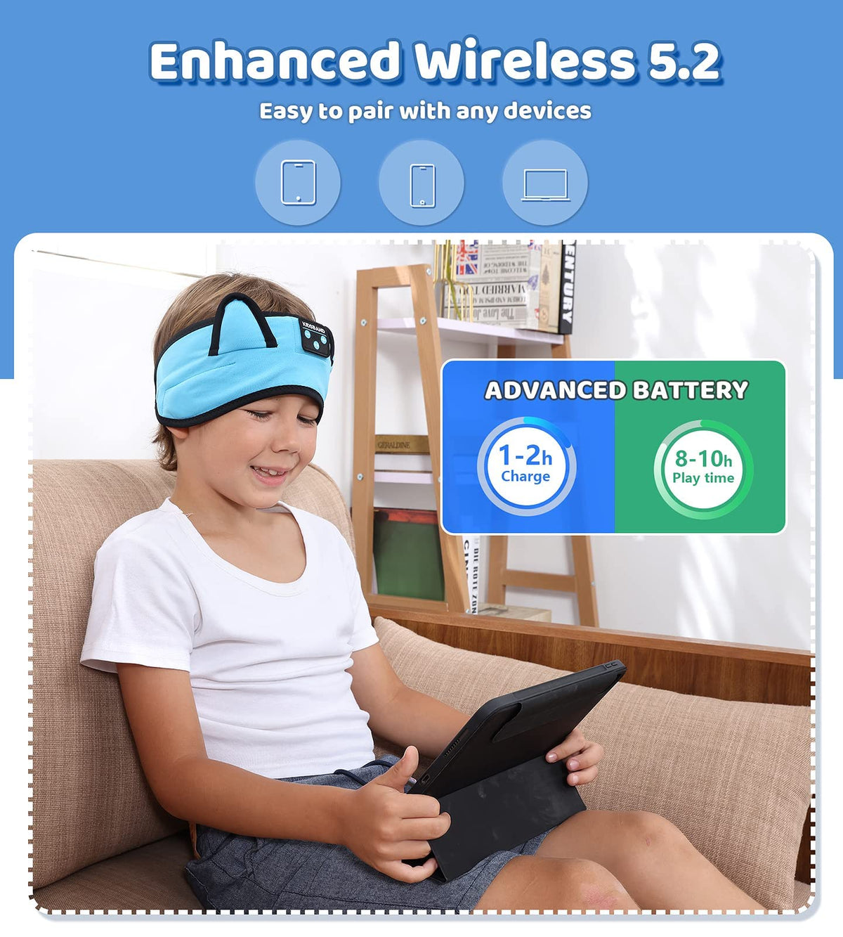Soft, adjustable headband by KIDSBAND adapts to growing heads for travel.