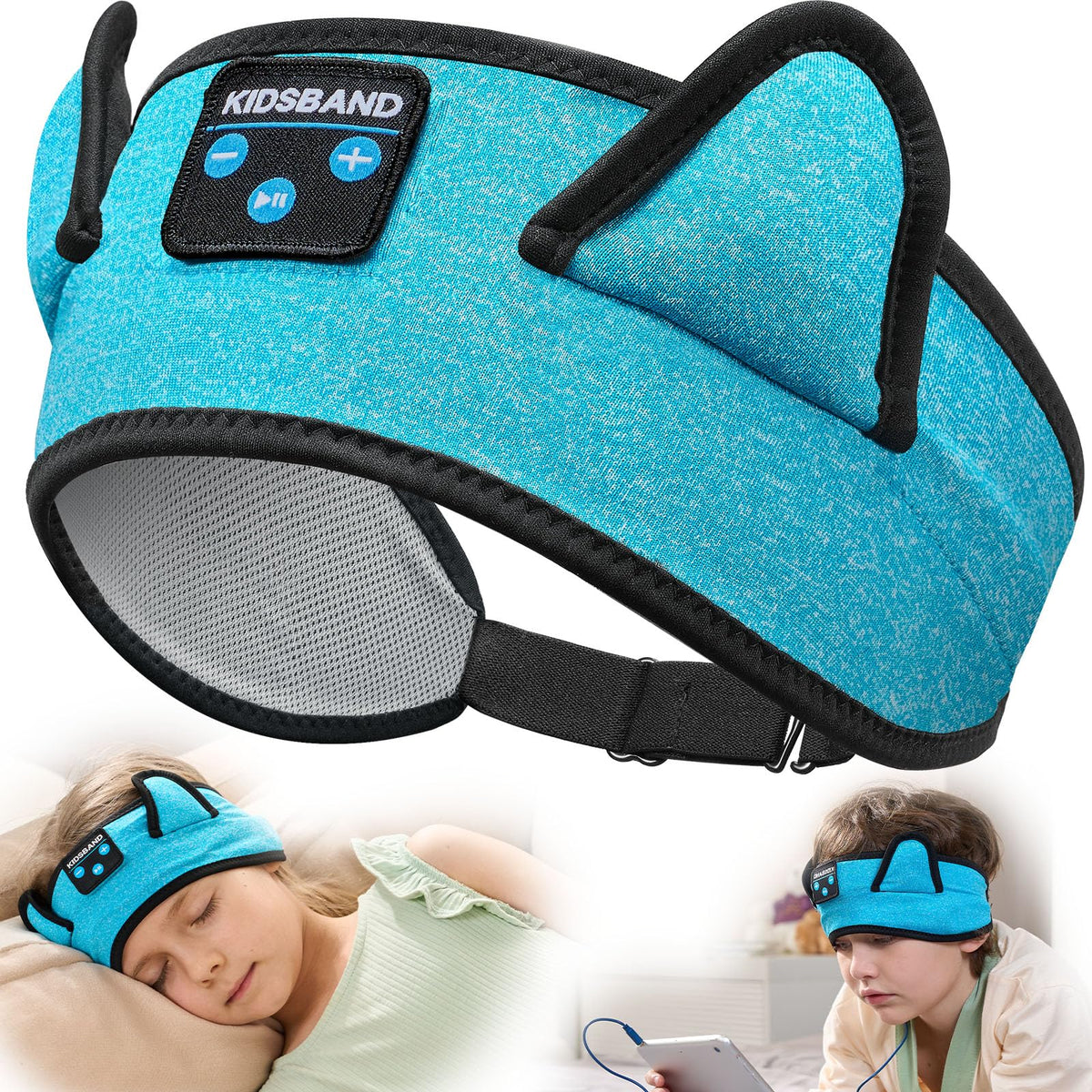 KidsBand cat-ear headband wireless headphones for kids, travel-ready.