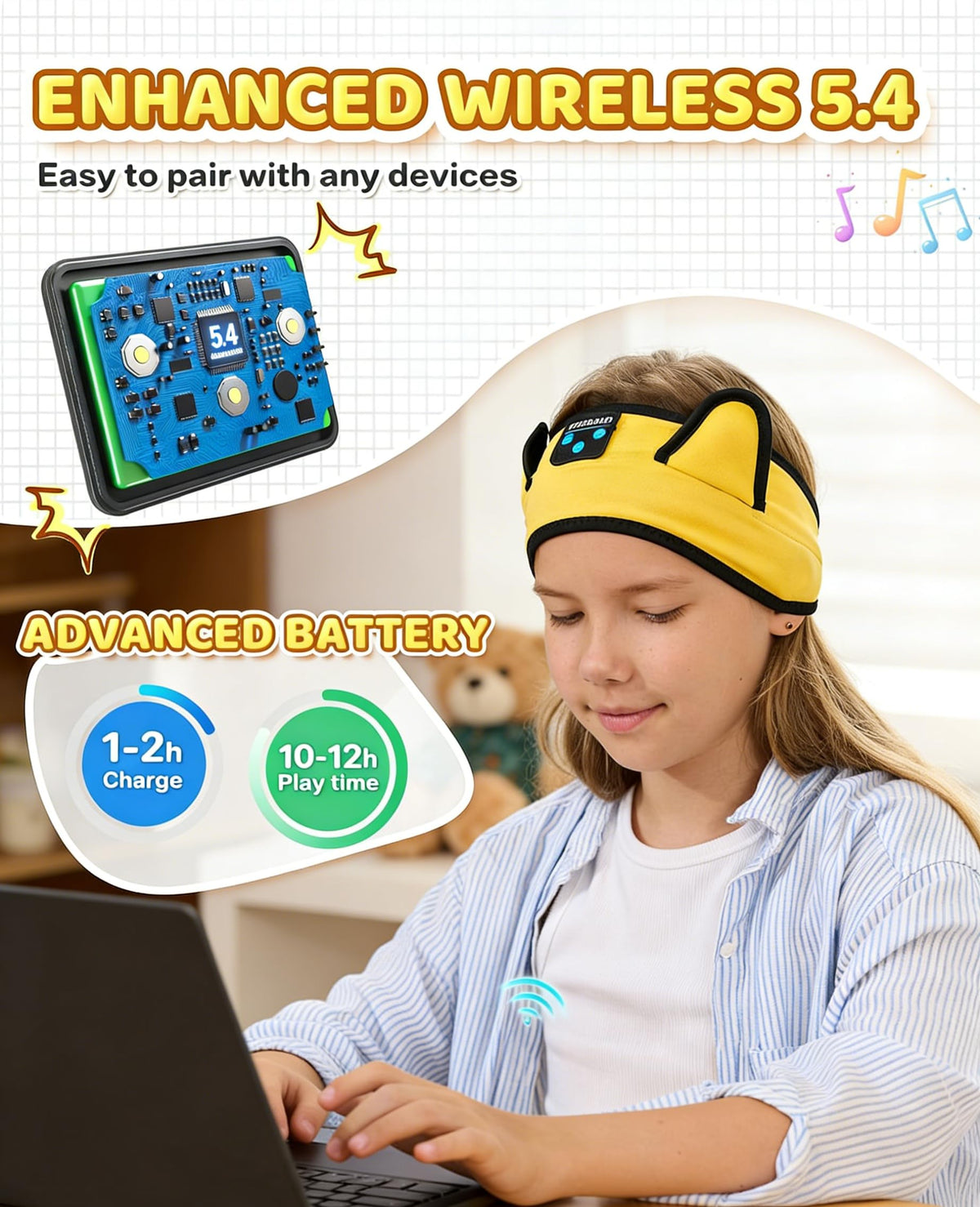 KIDSBAND detachable cord for seamless switch between wireless and wired modes.