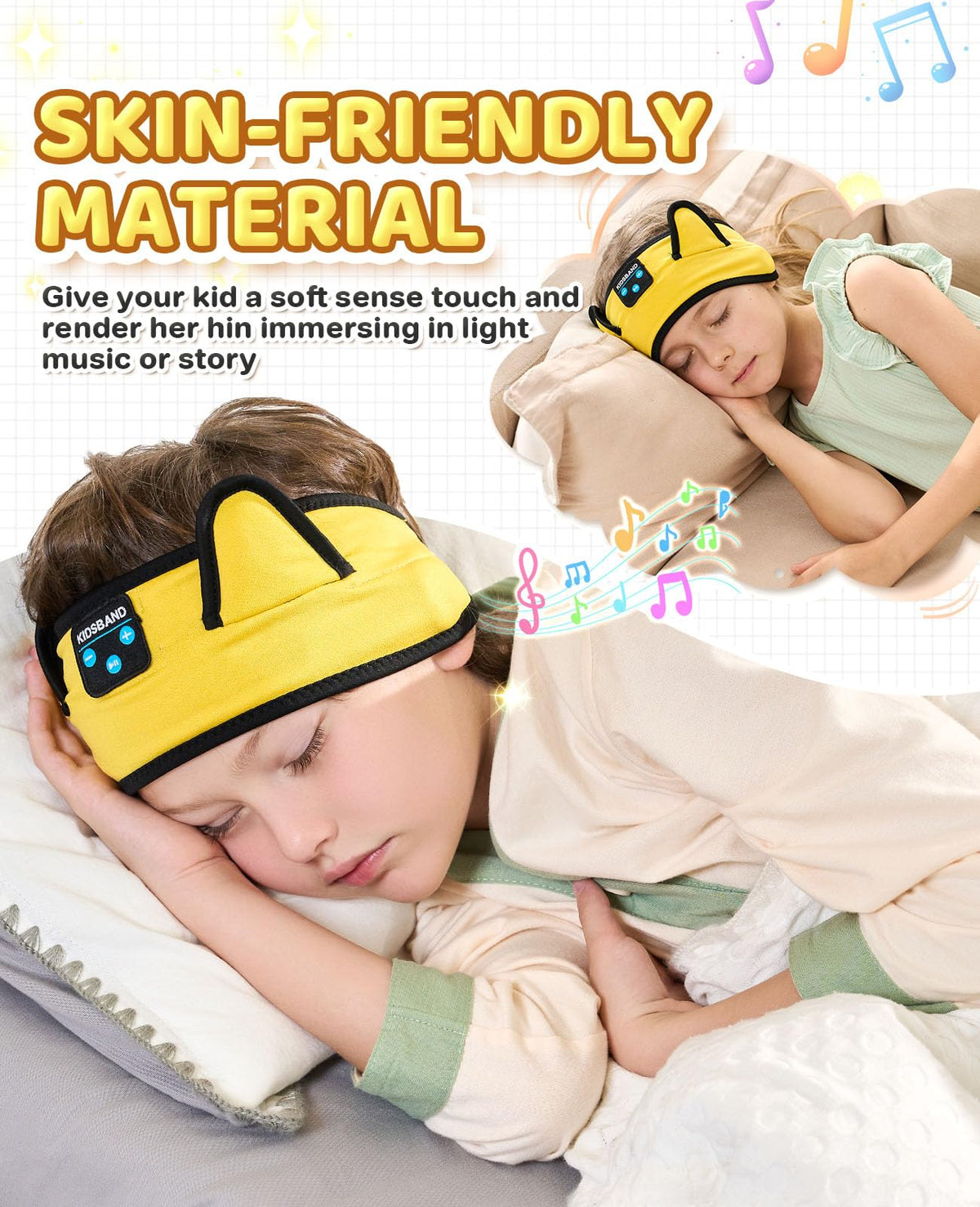 KIDSBAND adjustable headband for a comfortable, growing-friendly fit.