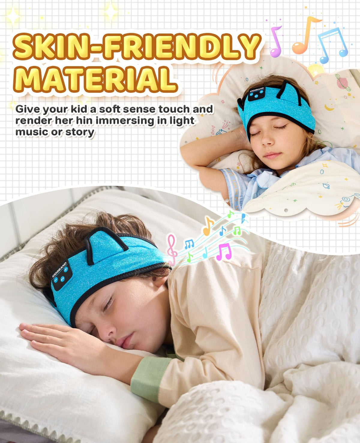KidsBand soft-washable band with speakers, easy to clean.