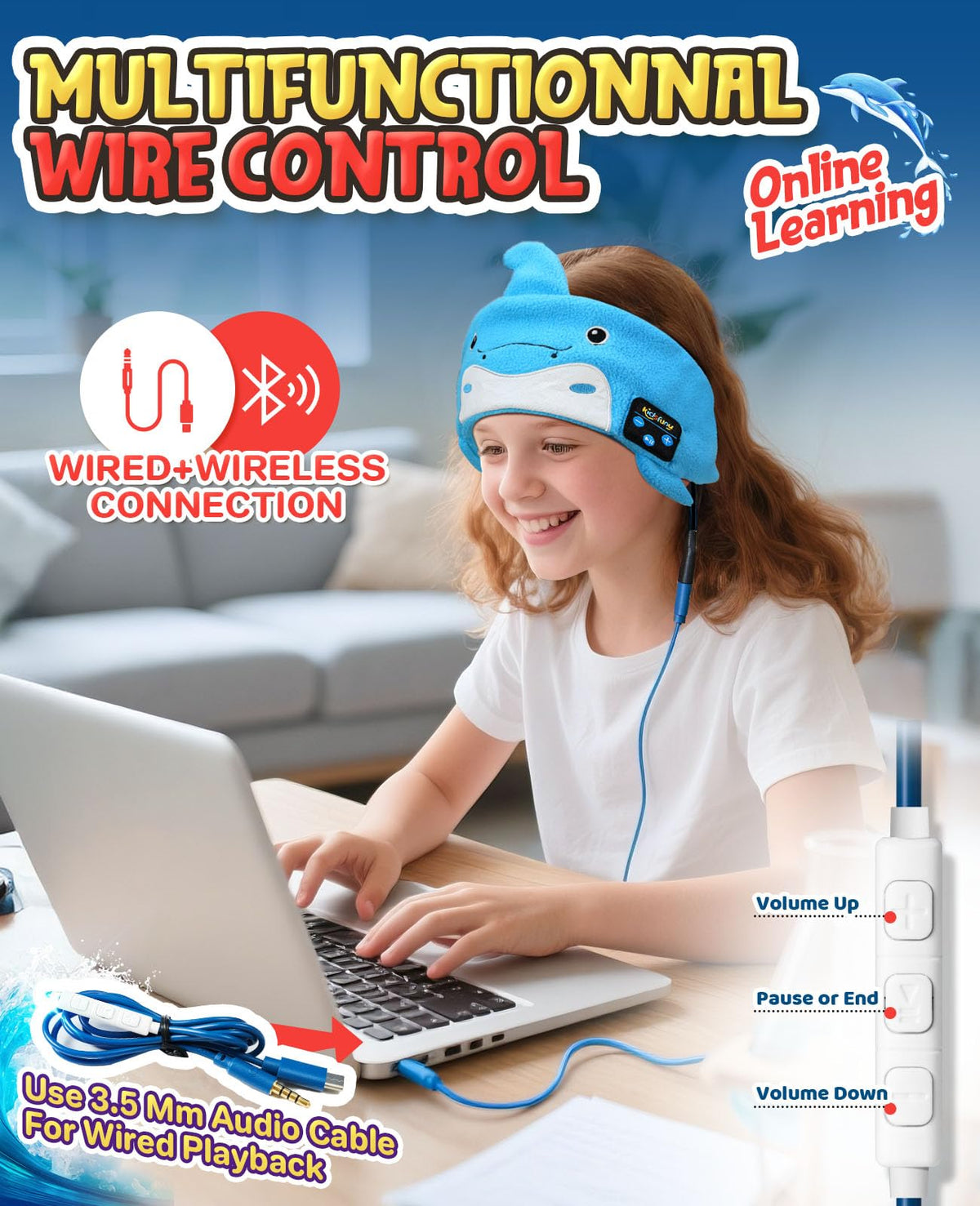 Kidsfuny headband volume limit close-up highlights ear safety feature