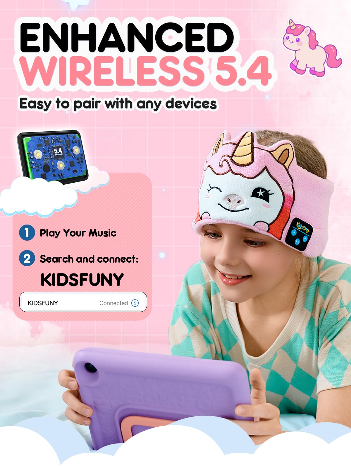 Kidsfuny headband with thin speakers during playtime.