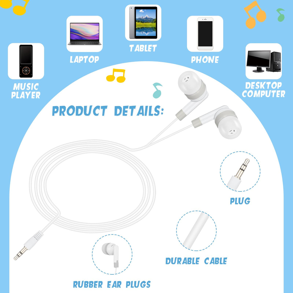Kigeli 1-meter cable earbuds, versatile for PCs, tablets and laptops