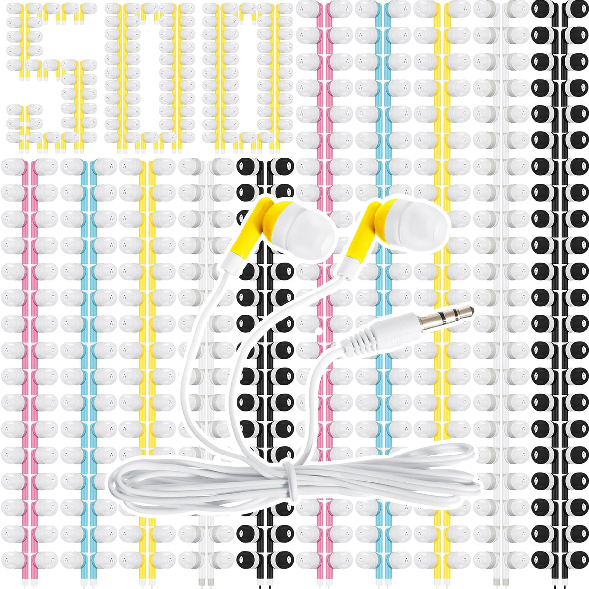 Kigeli bulk earbuds in a colorful 500-pack, ideal for classroom sharing and color coding