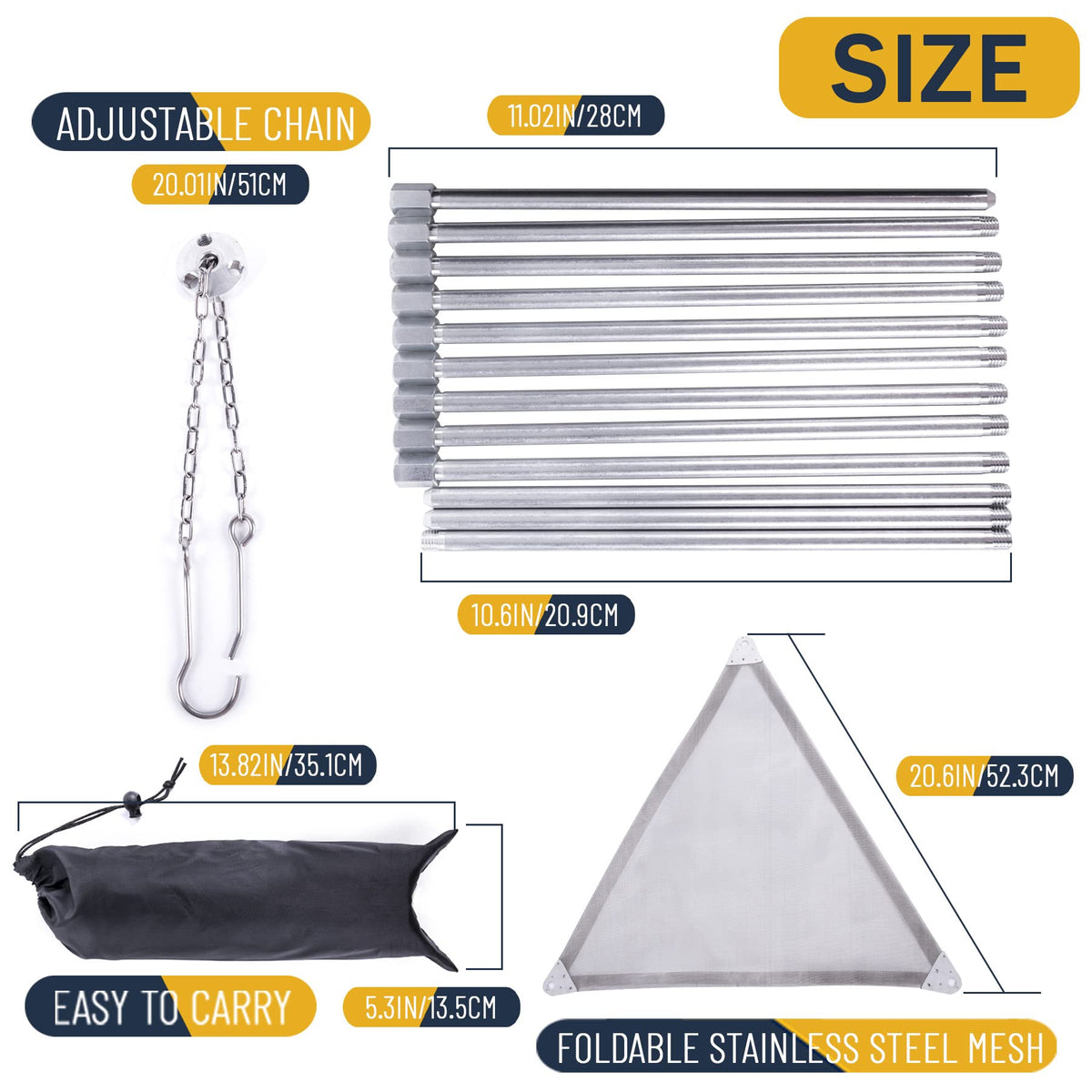 Kikerike camping tripod assembly with chain height adjustment for precise grill distance