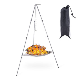 Kikerike portable fire pit tripod front view showing sturdy three-legged base for outdoor use