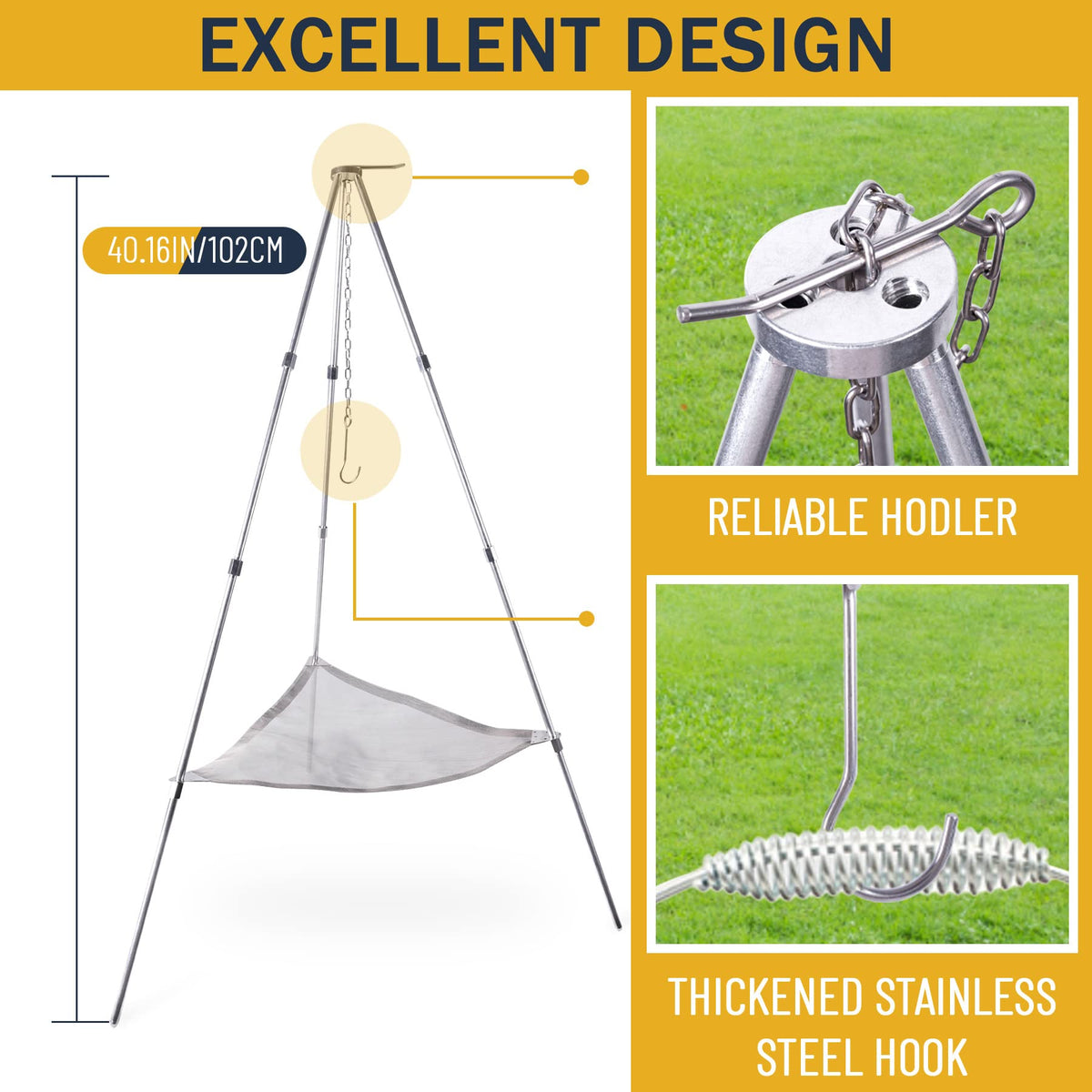 Kikerike stainless steel tripod legs providing strong support for BBQ and campfires