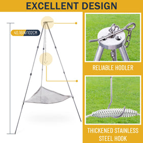 Kikerike stainless steel tripod legs providing strong support for BBQ and campfires