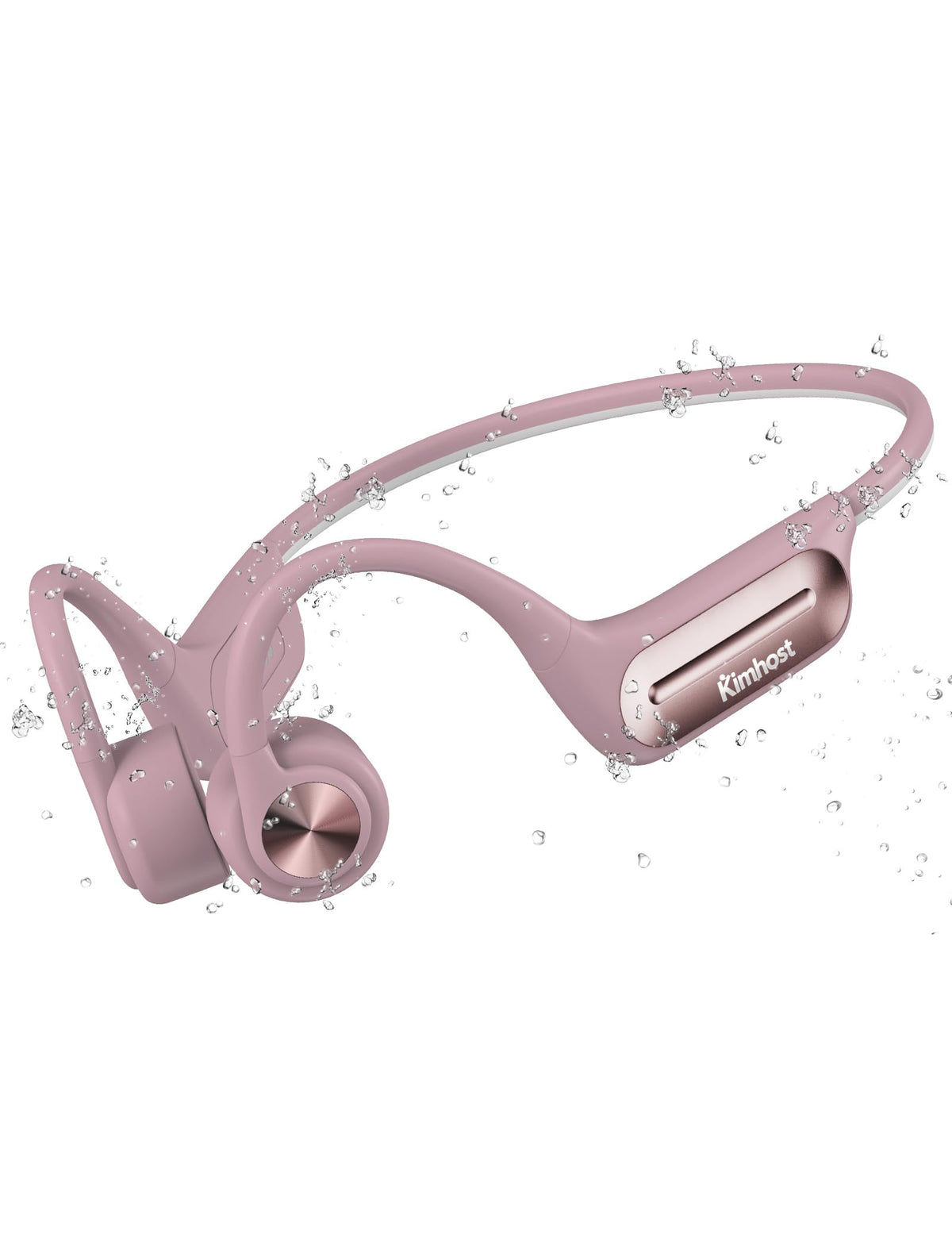 KIM HOST front view showing pink open-ear frame and secure fit benefit
