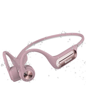 KIM HOST front view showing pink open-ear frame and secure fit benefit