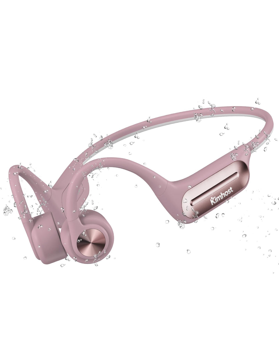 KIM HOST front view showing pink open-ear frame and secure fit benefit