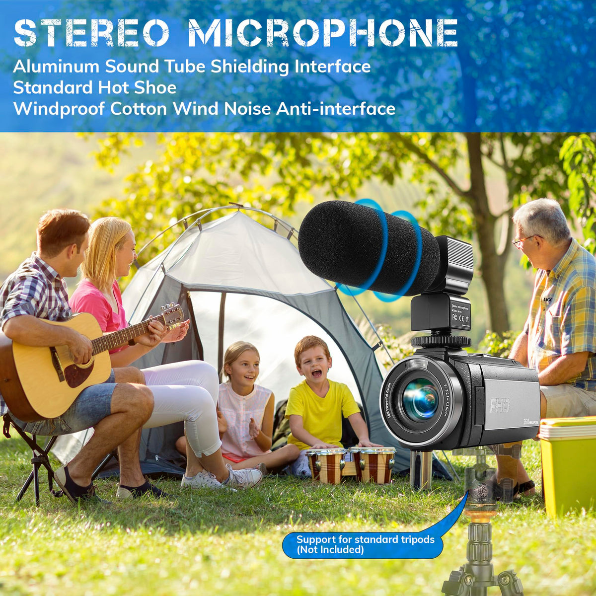 Kimonie camcorder with external mic delivers clearer audio in noisy environments.