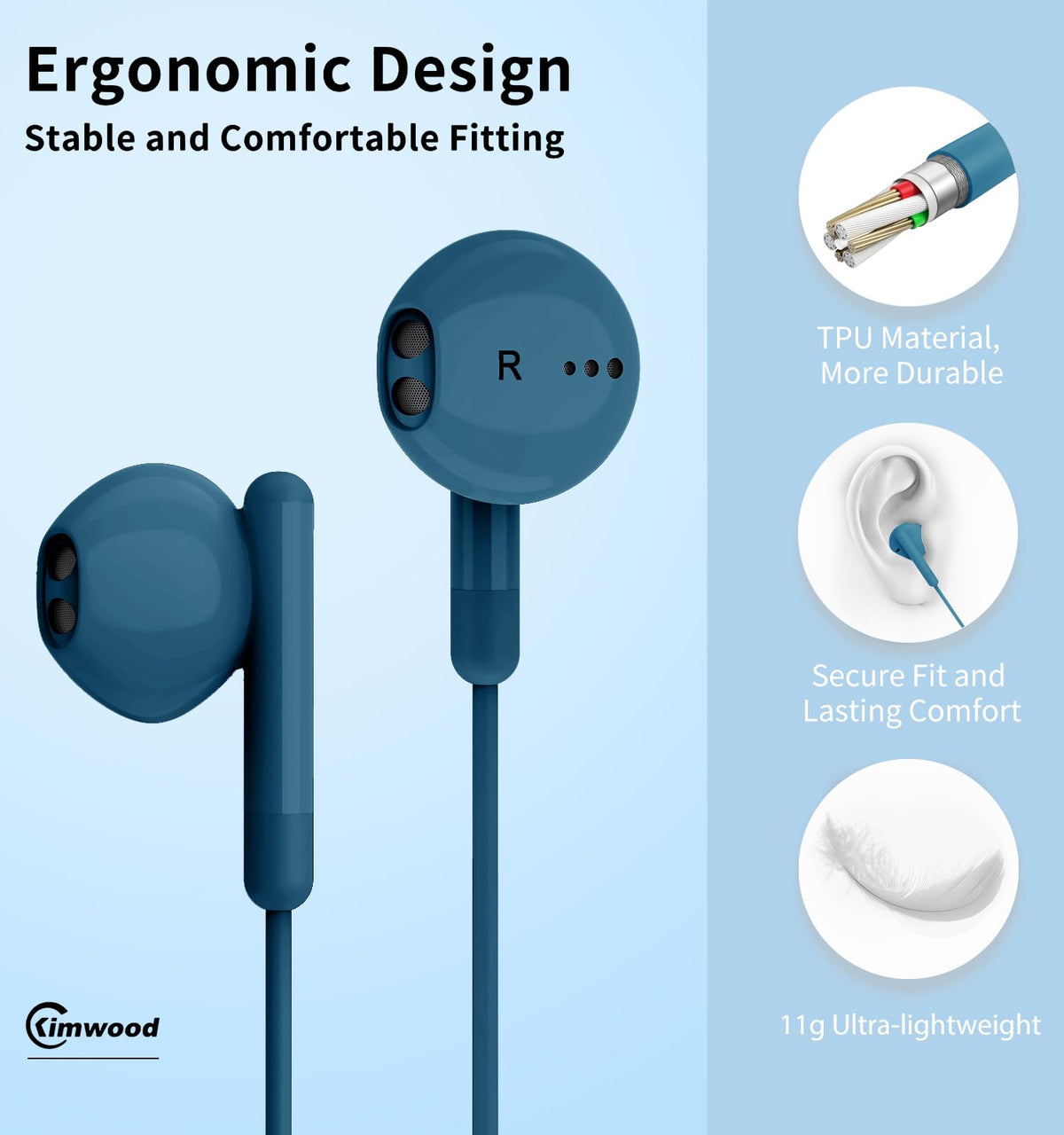 Kimwood earbuds showing ergonomic design for comfortable long wear.